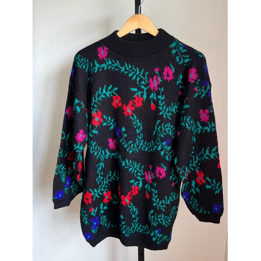 Vintage Laura Ashley 90s Abstract Print Black Mock Neck Tunic Sweater Large
